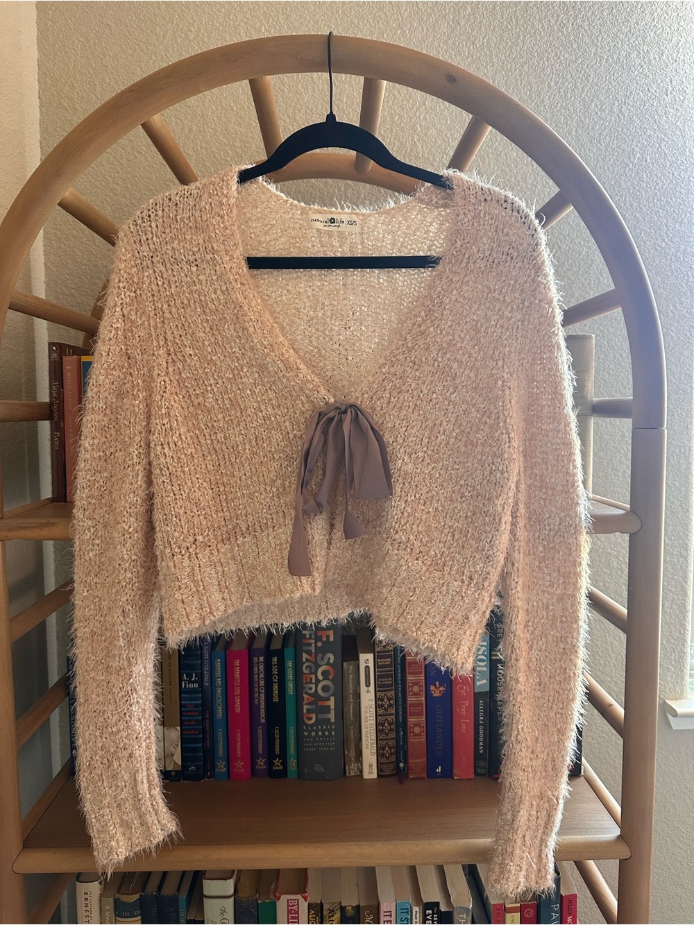 Natural Life Blush Pink Fuzzy V-Neck Tie Sweater
